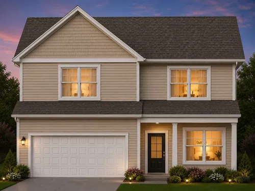 Two-story beige house with lit windows, black front door, white garage door, and landscaped garden at dusk.