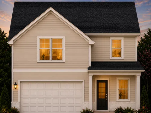 Two-story beige suburban house with black roof, lit windows, garage door, and front porch at sunset.